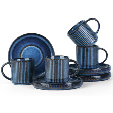 Espresso Cups and Saucers Set of 4, 3 oz Ceramic Mini Mugs with Handle, Ribbed Stoneware Demitasse for Tea, Latte - Microwave & Dishwasher Safe -