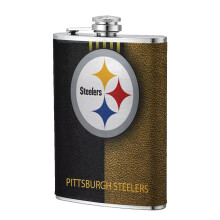 Steelers Flagon 8oz rostfritt stål höftkolv, läderficka för män, kompatibel med utomhussporter, camping, bröllop