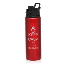 Bouteille d'eau de sport en aluminium de 740 ml (25 oz) - « Keep Calm Love Penguins » (rouge)