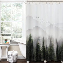 Tenda da doccia rustica con motivo forestale, 72x72 pollici, con decorazioni di alberi e uccelli di montagna verdi, tessuto testurizzato impermeabile