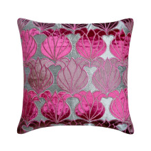 Fodera per cuscino 14x14 pollici con cerniera, applicazione floreale in velluto, federa quadrata in seta con loto fucsia argento