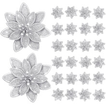 Lyrow - 24 pezzi di stelle di Natale artificiali glitterate con clip, 10 cm, decorazioni natalizie per albero, ghirlande, festoni e feste (argento)