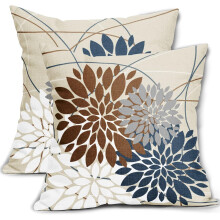 Fodere per cuscini marroni e blu scuro 16x16, con motivo a dalia, federe in lino bianco e grigio con stampa floreale, set da 2, per la casa, il