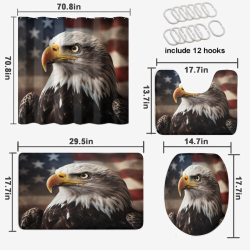Σετ κουρτινών μπάνιου Bald Eagle 4 τεμαχίων, ρουστίκ σχέδιο με αμερικανική σημαία και 1