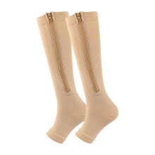 Zipper Compression Socks 20-30 mmHg for Women and Men, Knee High Length, Dot-Top, Open Toe, Beige, Medium,1 Pair