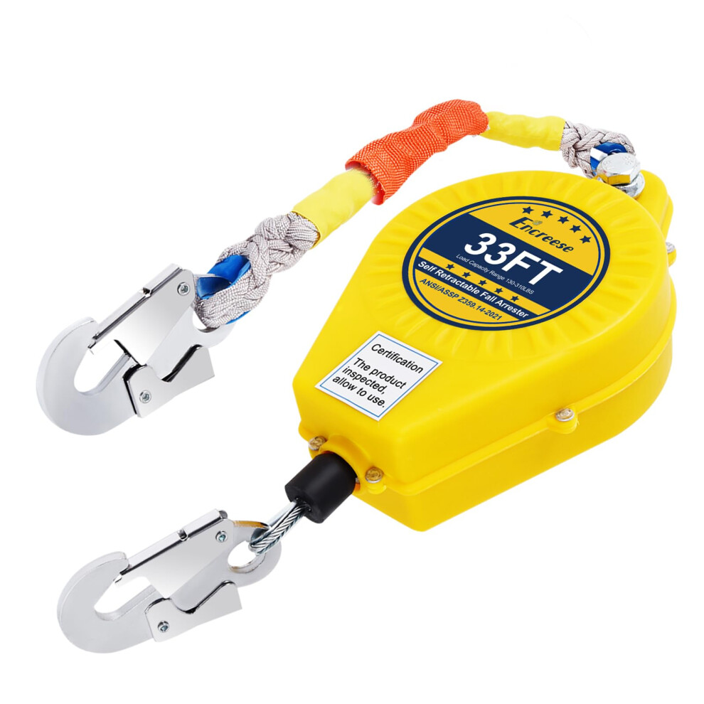 33Ft Self Retracting Lifeline Fall Arrest System With Double Locking Hook And Heavy Duty Steel Cable 9164114679802