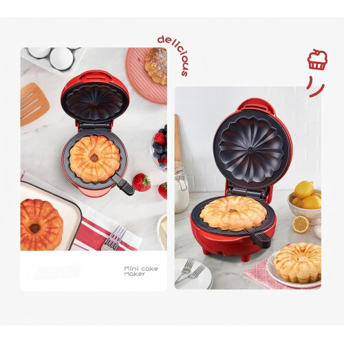 Cake Maker Machine with Nonstick Surface for Lava Cake, Mini Donuts, Waffles, Pancakes, Doublesided Heating, Red 1