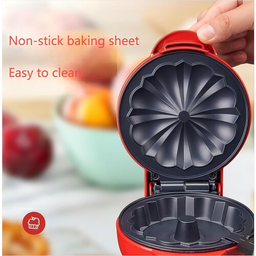 Cake Maker Machine with Nonstick Surface for Lava Cake, Mini Donuts, Waffles, Pancakes, Doublesided Heating, Red 2