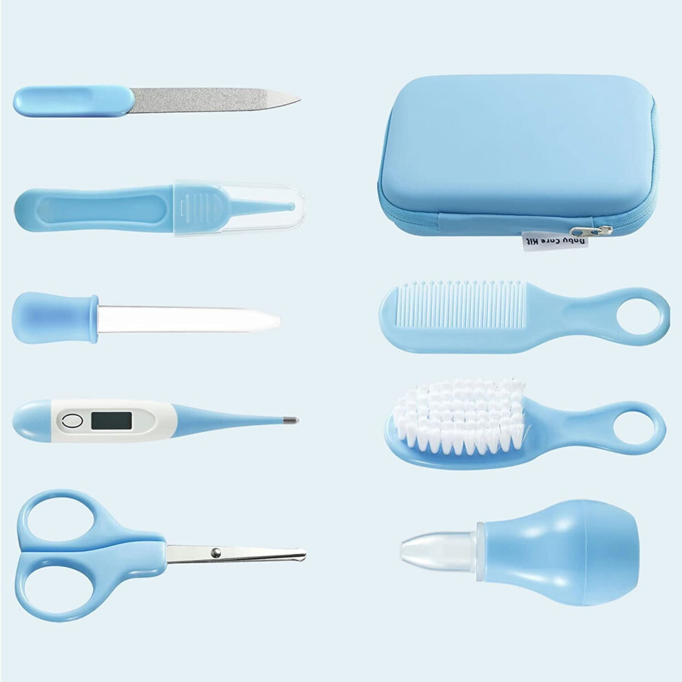 Baby Grooming Kit 10 In 1 With Hair Brush, Nail Clipper, Nose Cleaner, Finger Toothbrush, Scissors, Manicure Set For Healthy Care (Blue) Blue