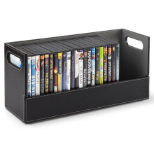 DVD Storage Box, Compatible with Blu-Ray, Games, CDs, VHS - Holds 28 Discs, Faux Leather (Black)