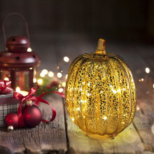 Citrouille lumineuse en verre Comefolife pour décorations d'Halloween, d'automne et de Thanksgiving, dorée, 19,5 x 14 cm