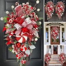 Sonderangebot! iHPH7 Weihnachtskranz in Zuckerstangenform für die Haustür, rot-weiße Tropfenform, Treppenhaus- und