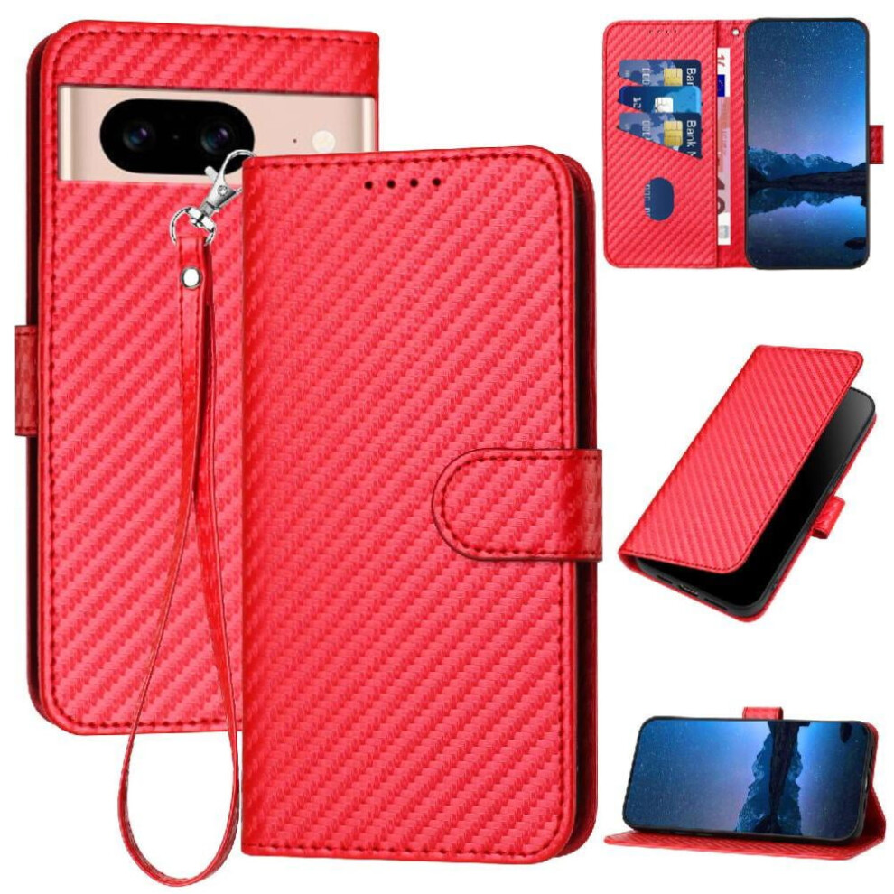 Flip Case For Google Pixel 8A With Card Slot And Kickstand Carbon Fiber Surface With Detachable Hand Strap Premium Leather 9425574880246