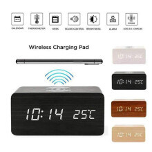 Réveil en bois JANDEL avec chargement sans fil, compatible avec iPhone et Samsung, affichage LED, contrôle du son, heure/date/température