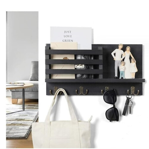 Wall-mounted key holder with shelf and large hooks brown 1