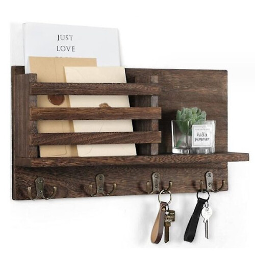 Wall-mounted key holder with shelf and large hooks brown