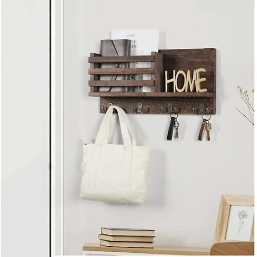 Wall-mounted key holder with shelf and large hooks brown 2
