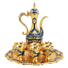 Tea and Coffee Cup Set with Teapot, 6 Metal Wine Cups and Hip Flask, Blue Wedding Gift