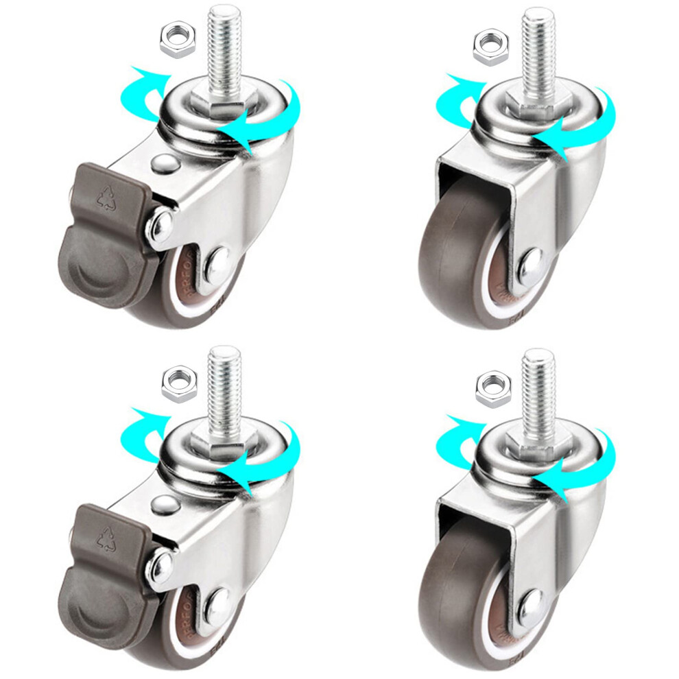 4Pcs M8 Threaded Stem Swivel Caster Wheels With Brakes, Rubber Furniture Casters, Silent Smooth Rolling 9164114683540