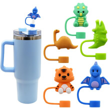 5pcs Dinosaur Silicone Straw Covers Cap for 10mm Straws, Cute Tumbler Accessories Compatible with Stanley Cup, Reusable Straw Topper Tip Lids