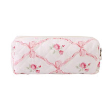 Gewatteerde reismake-uptas voor dames, schattige cosmetische tas met bloemenprint, toilettasje/organizer (roze met kleine bloemetjes)