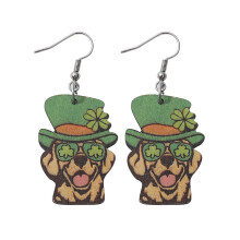 1 Pair Hook Earrings Wooden Double-sided Shamrock Clover Cute Irish Green Hat Dog Dangle Earrings Saint Patricks Day