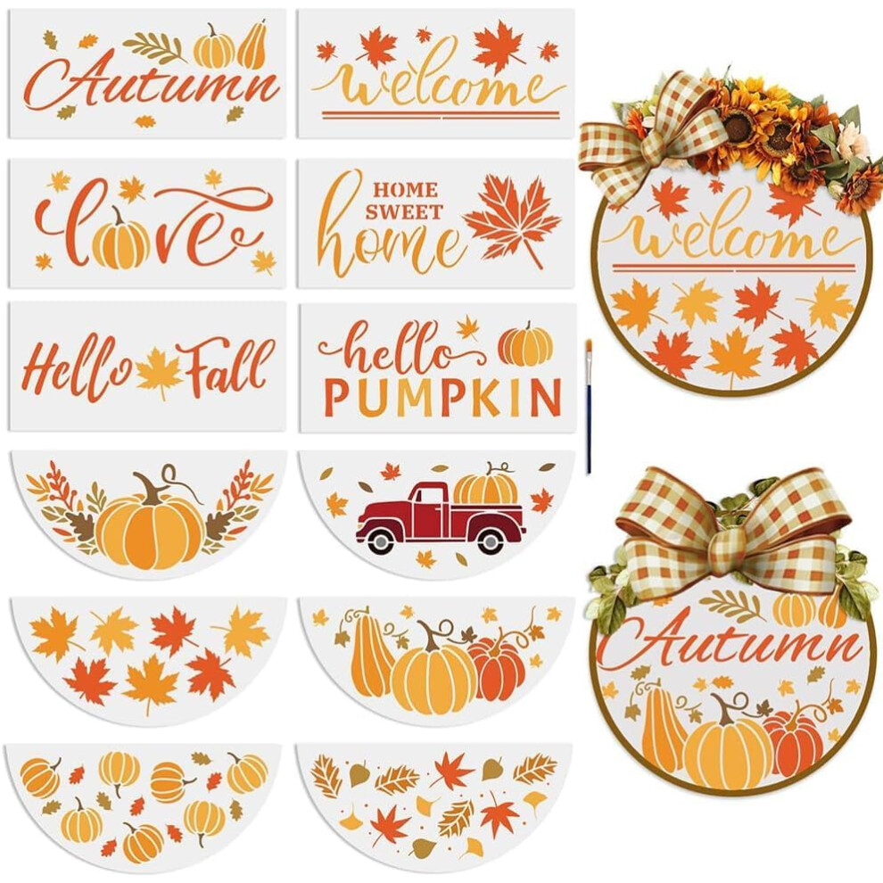 12Pcs Autumn Pumpkin Stencil 12Inch, Compatible With Wood, Maple Leaves Templates For Diy Painting, Free Paint Brush, Thanksgiving Decor 9071309789065