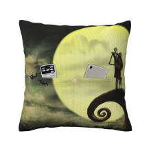 Housse de coussin en lin et toile de jute « L'Étrange Noël de Monsieur Jack » 40x40 cm, 45x45 cm, 50x50 cm, noire. Compatible canapé, voiture,