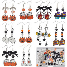 1 Box 10 Pairs Halloween Earrings Dangle Kit, Pumpkin & Ghost Charms with Glass Beads, DIY Jewelry Making Starter for Beginners, Women, Compatible