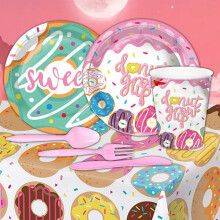 SUSUchens16 pièces Fournitures pour fête d'anniversaire sur le thème des donuts, compatibles avec assiettes, gobelets, cuillères et fourchettes