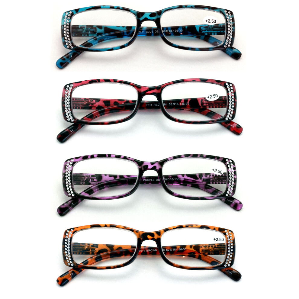 4 Pairs Women Rectangular Rhinestones Reading Glasses - Female Fashion Leopard Clear Lens Readers Demi Tortoise +3.25