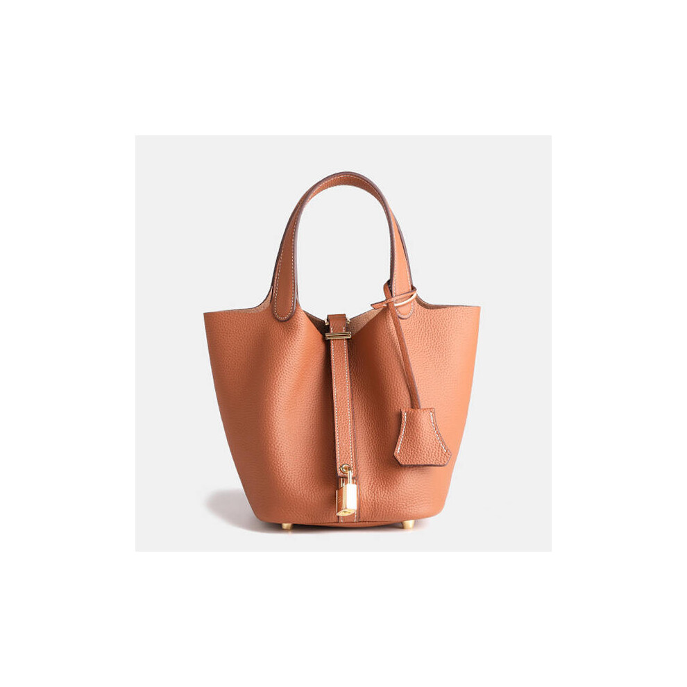 Large Brown Cowhide Bag With Lychee Pattern In Genuine Leather For Commuting - Xf12- Brown 1 9110895292716