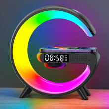 Trådlös laddningsplatta med stativhögtalare, TF RGB nattlampa, 15W snabbladdningsstation kompatibel med iPhone, Samsung, Xiaomi, Huawei - Svart
