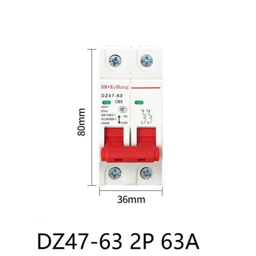 Διακόπτης DZ47 2πόλων 3A/6A/10A/16A/20A/32A/40A/50A/63A 400V τύπου C