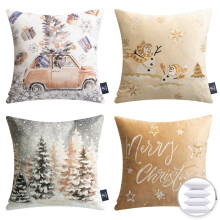 Coussin décoratif de Noël en velours imprimé et brodé, avec garniture, beige, 45 x 45 cm, lot de 4