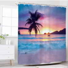 Rideau de douche Plage Lever de soleil sur l'océan Palmiers tropicaux Coucher de soleil hawaïen Paysage côtier Vagues, 183 cm x 183 cm, 12