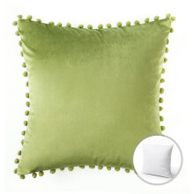 Phantoscope Velvet Series Pom Pom Square Decorative Throw Pillow, 18" x 18", Green, 1 Pack