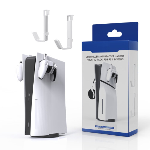 Ganci bianchi per cuffie compatibili con console PS5 e PS5 Slim, salvaspazio per vari controller e dispositivi VR.