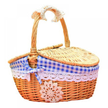 Picnic Basket with Lid Handle Oval Woven Basket with Floral Brim Liner Outdoor Picnic Hamper Wicker Storage Basket
