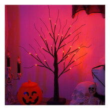 Halloween upplyst träddekoration med björkar och ljus, 24 LED-ljus, kvistar, batteridrivna konstgjorda svarta bordsdekorationer, kusliga