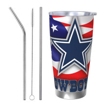 Gobelet isotherme en acier inoxydable 304, motif Cowboys, avec couvercle et paille, 590 ml (20 oz), compatible avec le café et les boissons chaudes