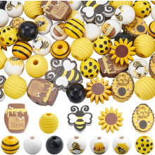 Lot de 200 perles en bois abeille et nid d'abeille, 12 styles différents, compatibles avec les pots à miel, motif floral jaune printanier et