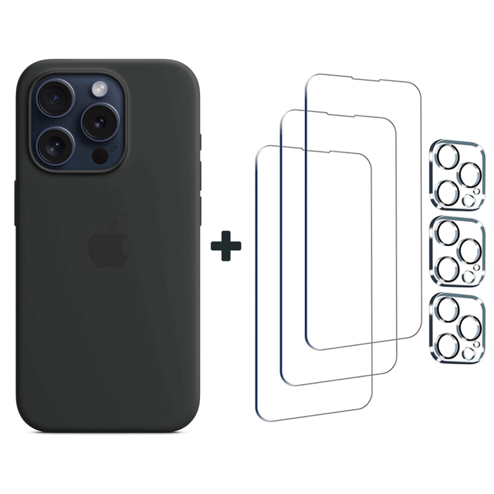 Compatible With Iphone 15 Pro Silicone Phone Case With Magsafe 6.1"In (Black) And Protective Film*3 And Lens Protective Film*3 Black 9083649081761