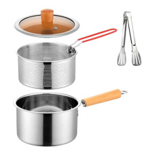 Deep Fryer Pot Stainless Steel with Basket Lid and Tongs, OilSaving AntiSplash Design 18cm