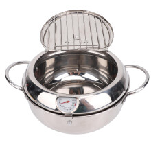 Stainless Steel Deep Fryer Pot with Thermometer and Oil Drain, 2.2L Japanese Frying Pan for Gas Electric Induction