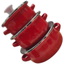 Enamel Cookware Set 3Piece Ceramic Pots with Glass Lids Oven and Stovetop Safe Red