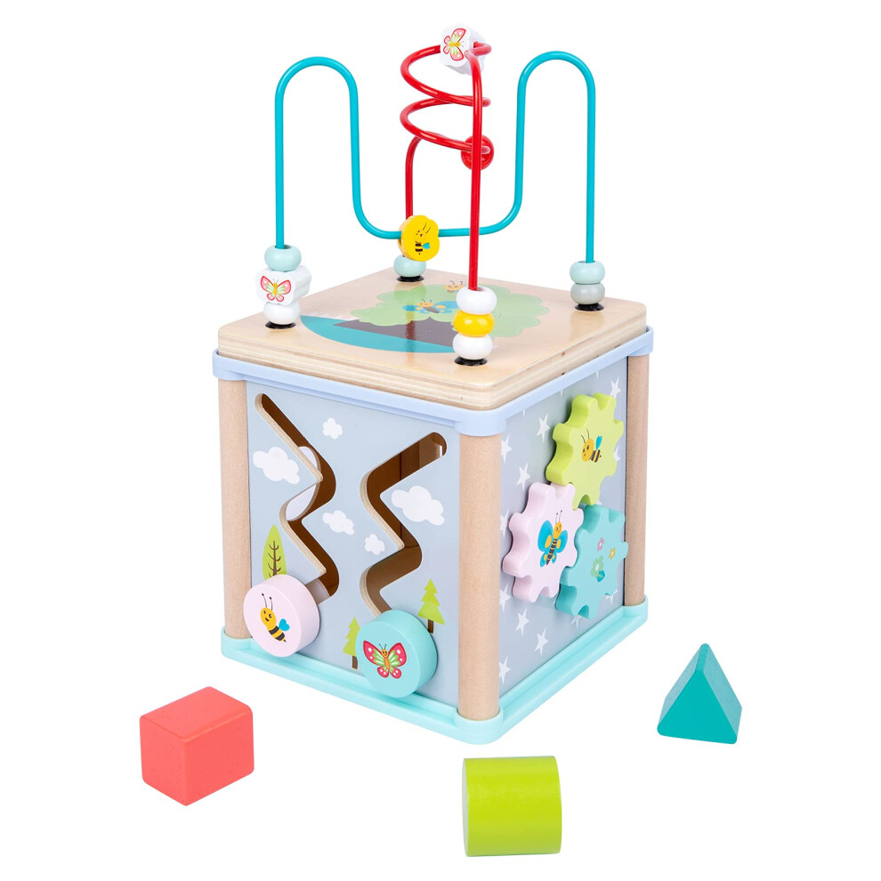 Wooden Activity Cube with Bead Maze and Shape Sorter, 6 in 1 Educational Toy for Toddlers