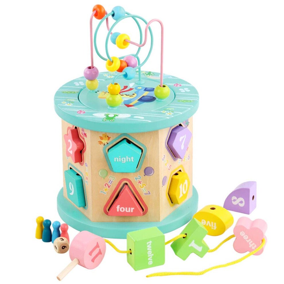 Wooden Activity Cube with Bead Maze and Shape Sorter, Montessori Educational Toy for Toddlers