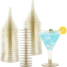 50pcs Gold Disposable Martini Glasses with Stems, Elegant VShaped Plastic Cocktail Cups for Parties