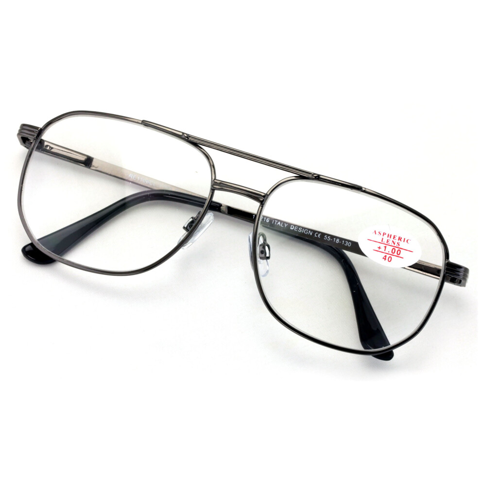 Metal Aviator Reading Glasses - Spring Hinge Square Large Lens Reader +3.25